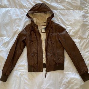 Women’s Garage Brown Fur Lined Hooded Leather Jacket Size Small